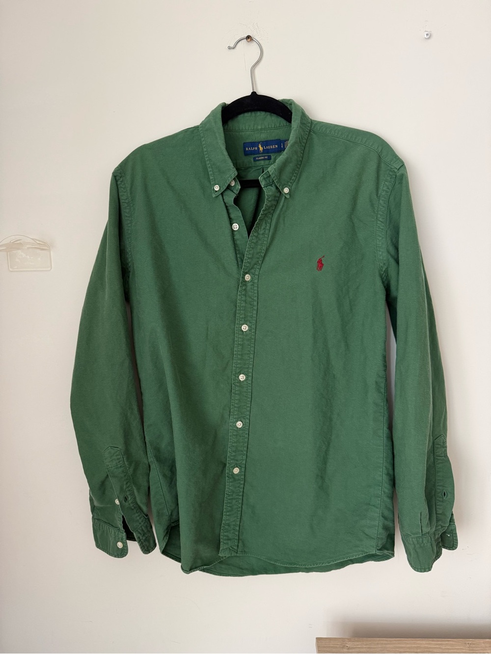 Ralph Lauren Men's Green Button-Down Oxford Shirt with Red Polo Logo